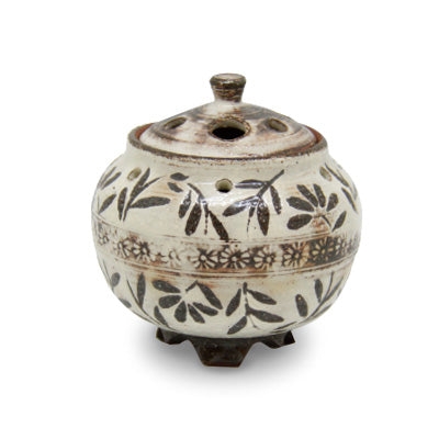 Yamadamatsu Kyoyaki Incense Burner: Mishima with Carved Arabesque Pattern, Paper Box (01973)
