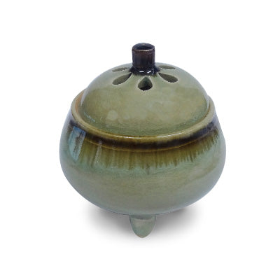 Yamadamatsu Kyoyaki Incense Burner: Green Glaze with Iron Kiln Variation, Paper Box (01979)