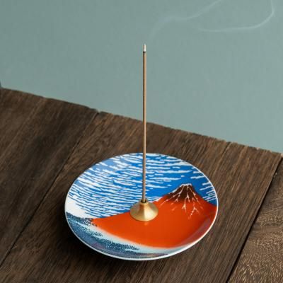 Baieido Arita Porcelain Incense Holder Red Fuji (Hokusai) (#671)