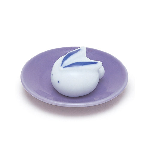 Nippon Kodo Arita Ware Incense Holder Round Rabbit (Blue) with Plate (79133)