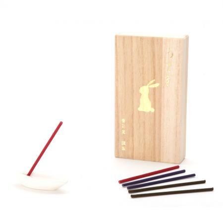 Kousaido Usagi (Rabbit) Incense Set 3 types 8 sticks each with Incense Holder in Paulownia Wood Box (USG-23)